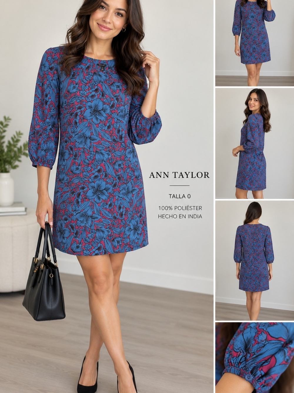 Ann Taylor Floral Shift Dress Blue & Fuchsia 3/4 Sleeve Size 0